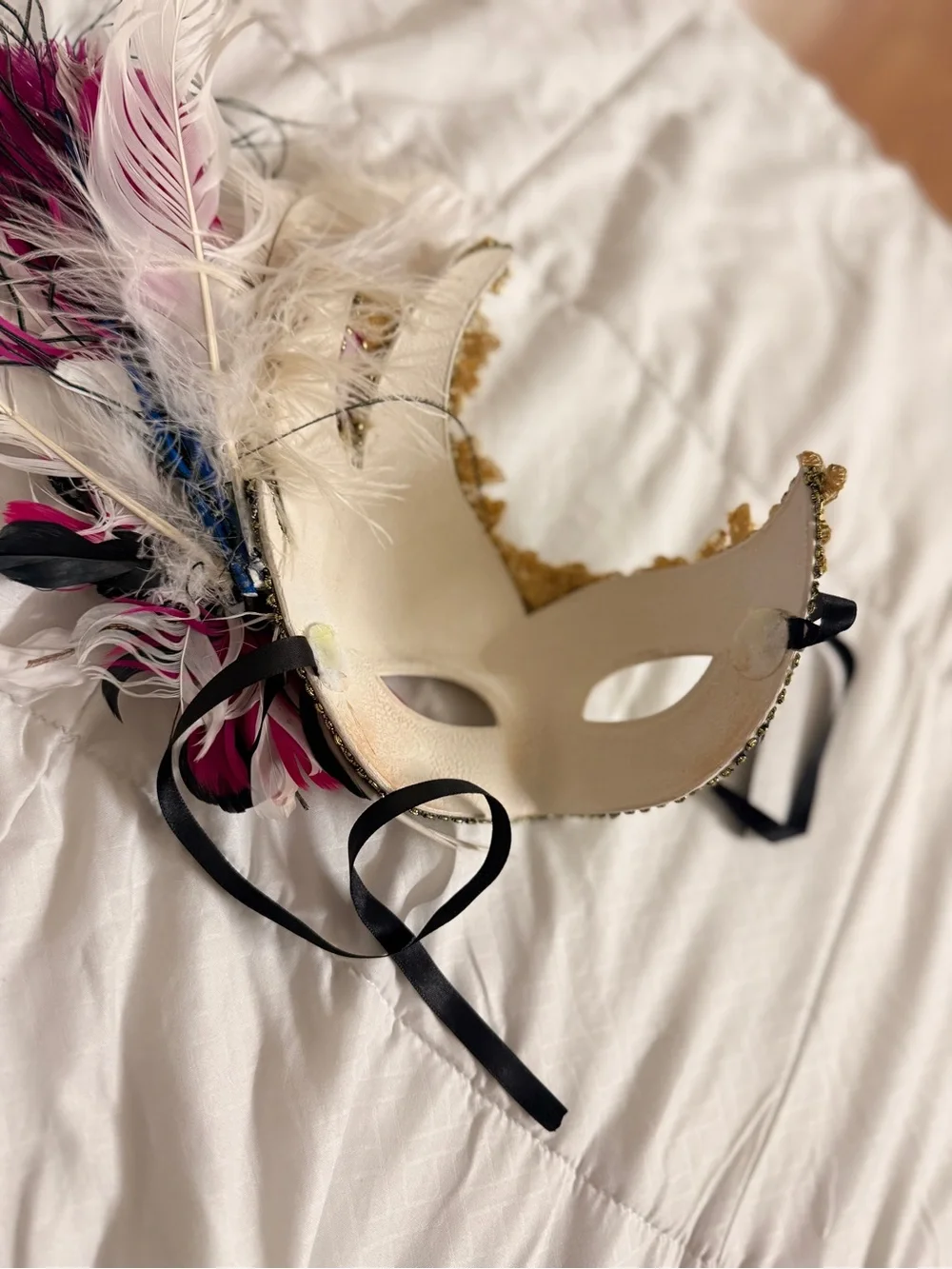 Gold and Pink Feathered Venetian Masquerade Mask